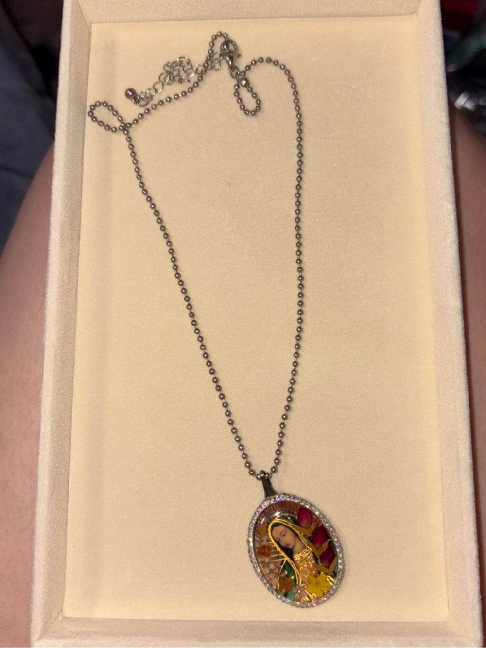 Religious Oval Pendant Necklace with Colorful Virgin Mary Medallion